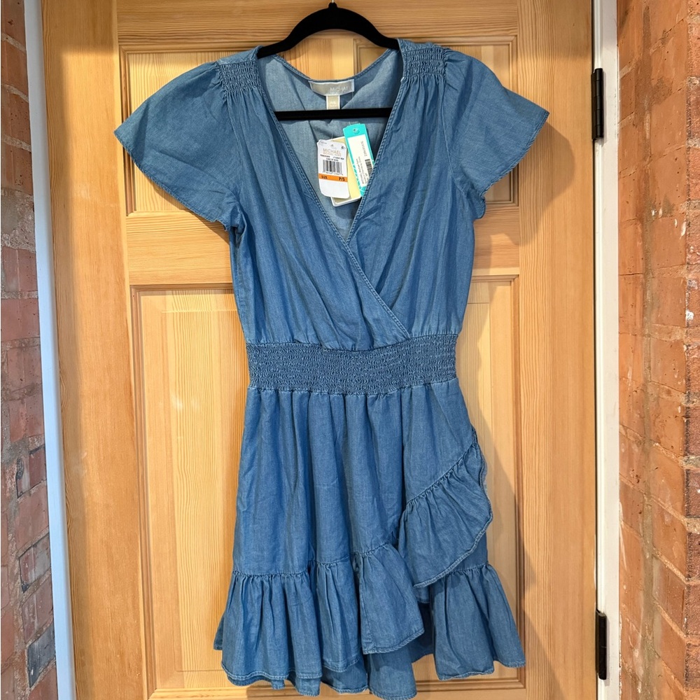 Michael Kors Women's Blue Flutter Sleeve Ruffled Faux Wrap Dress